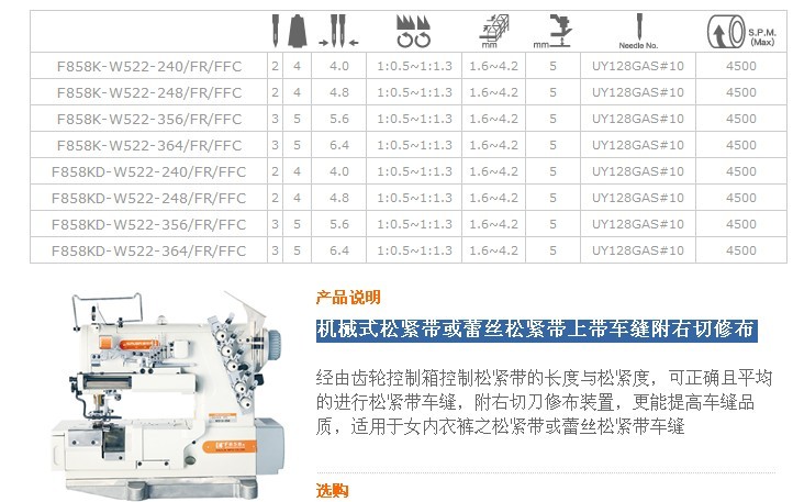 F858K-W522，F(xiàn)858KD-W522 機(jī)械式松緊帶或蕾絲松緊帶上帶車縫附右切修布