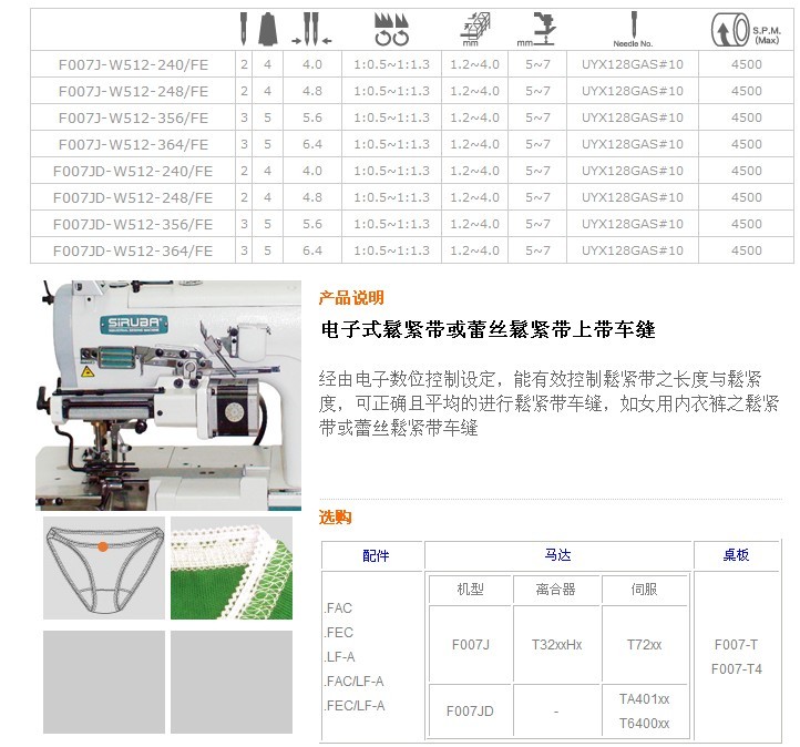 F007J-W512，F(xiàn)007JD-W512 電子式鬆緊帶或蕾絲鬆緊帶上帶車縫