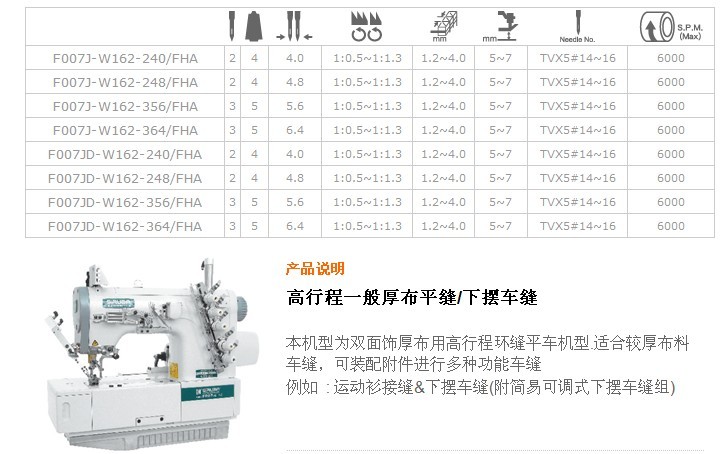 F007J-W162,F007JD-W162 高行程一般厚布平縫/下擺車縫