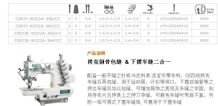 C007J-W322A,C007JD-W322A 拷克倒骨包縫 & 下擺車縫二合一